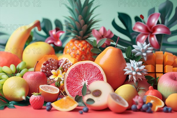 Arrangement of various fruits with dominant citrus tones against a cool aqua background, illustration, AI generated