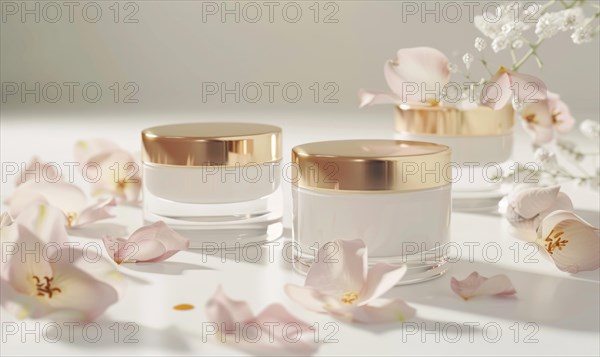 Two creme jar blank mockups adorned with delicate flower petals AI generated