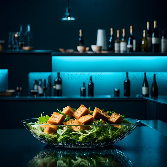 Savory tofu and greens salad showcased on a polished bar counter in neon lights, AI generated