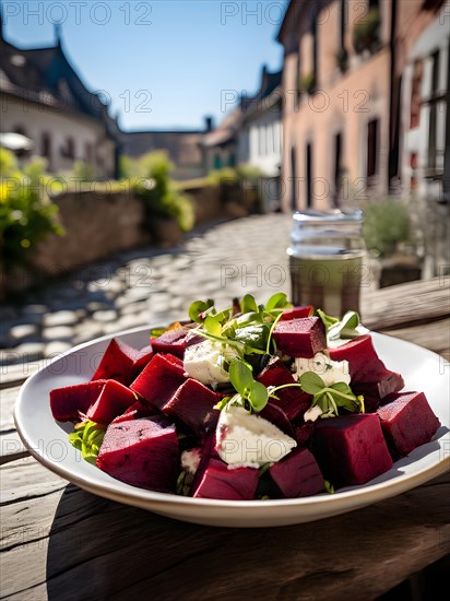 Beetroot and goat cheese salad arranged on a rustic cafe table, AI generated