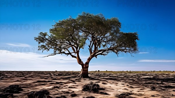 Lone tree exhibiting resilience in a barren deforestation landscape, AI generated