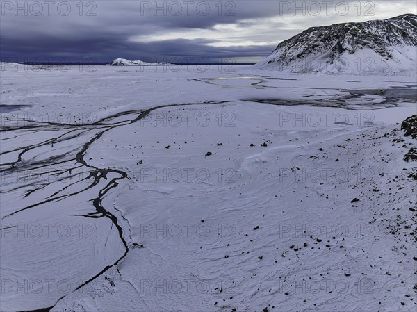 Overgrown river landscape, onset of winter, Fjallabak Nature Reserve, drone shot, Sudurland, Iceland, Europe