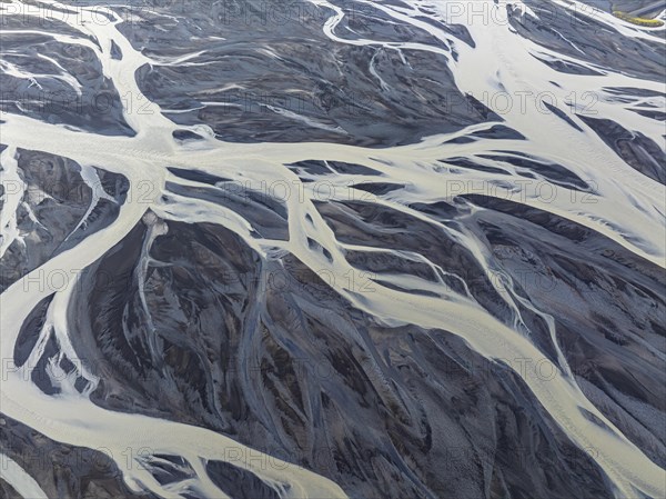 Overgrown river landscape, drone shot, Sudurland, Iceland, Europe