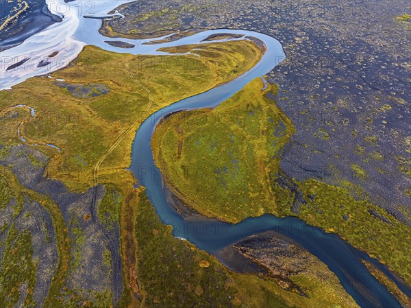 Overgrown mineralised river landscape, drone image, Landeyjasandur, Sudurland, Iceland, Europe