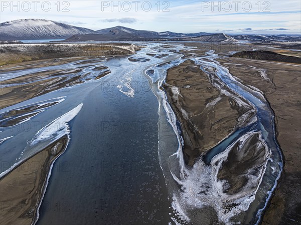 Overgrown river landscape, drone shot, Fjallabak Nature Reserve, Sudurland, Iceland, Europe