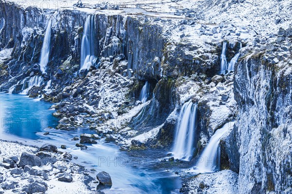 Hrauneyjarfoss waterfalls, onset of winter, Sudurland, Iceland, Europe