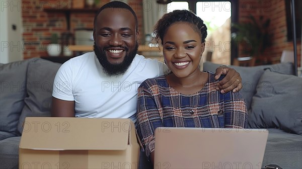 A smiling Mixed-race dark skinned couple unpacking boxes at home with a laptop on the table, showcasing partnership, AI generated