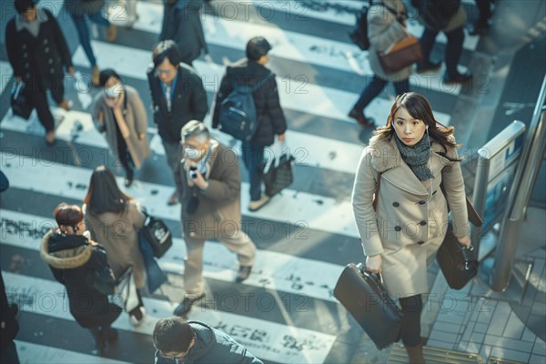 Overhead view of busy city intersection with pedestrians and morning commuters, AI generated