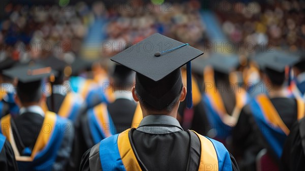 Back view of a male graduate in cap and gown at a commencement ceremony in college campus, AI generated