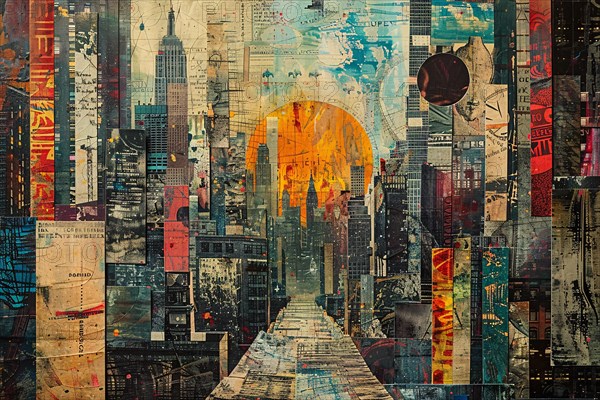 Abstract artistic collage of an urban cityscape with skyscrapers at sunset, illustration, AI generated
