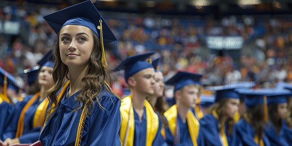 A young woman in a graduation cap and gown looks optimistically into the distance, AI generated