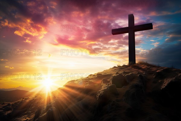 Easter concept cross on Golgotha Calvary hill against a dramatic sunset, AI generated