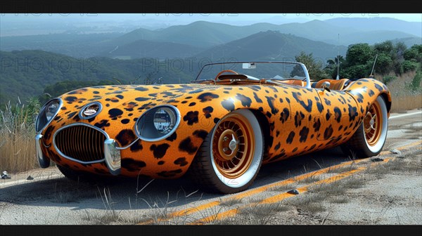 Funny cartoonish Animal print classic convertible car parked at a scenic overlook with panoramic views, AI generated