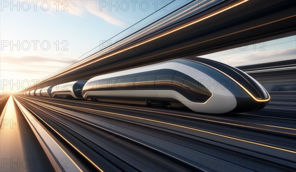 Futuristic train speeding along tracks with motion blur and sunrise in the background, ai generated, AI generated