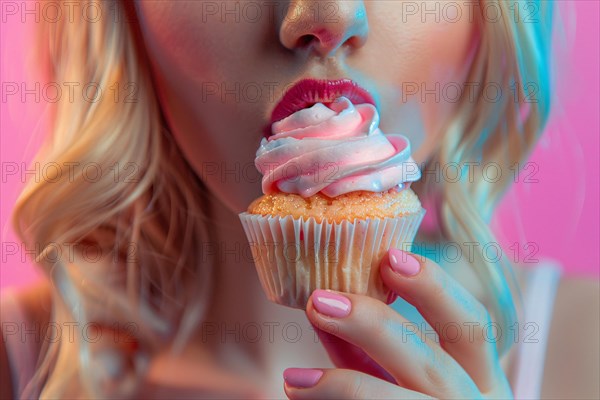 Close up of woman eating cupcake in front of studio background. KI generiert, generiert, AI generated