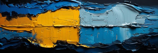 Thick textured oil paint in blue, yellow, and white applied with a palette knife, banner 3:1 wide style, horizontal aspect ratio, AI generated