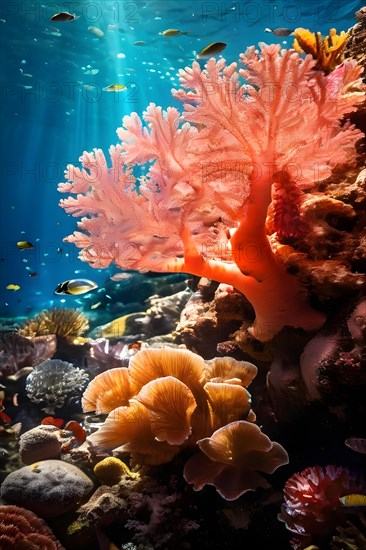 Coral reef juxtaposing patches of bleached coral with vivid marine life, AI generated