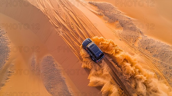 Overhead drone aerial shot of a car leaving deep tracks and stirring up a dust cloud on a sandy terrain, ai generated, AI generated