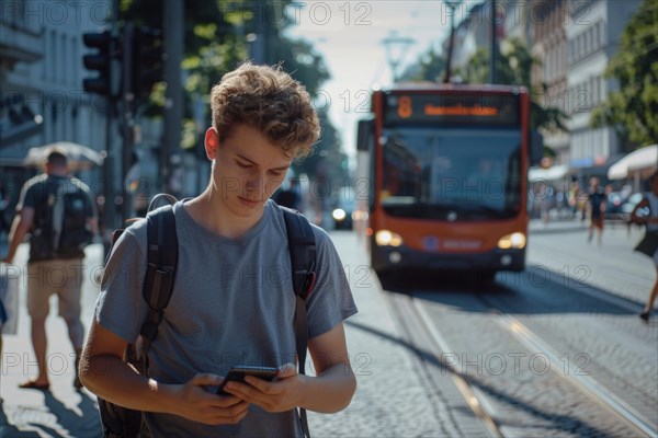 Pupil looking at his smartphone at a bus stop, symbolic image for accident risk due to media distraction in road traffic, AI generated, AI generated, AI generated