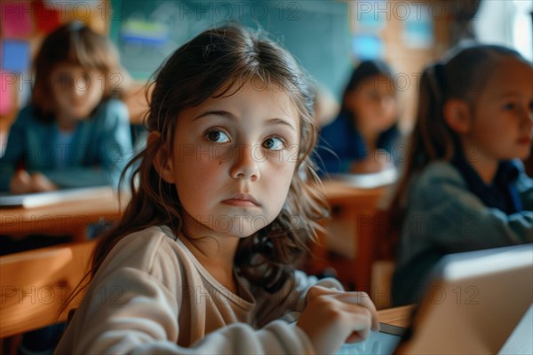 A pre-school girl sits in the classroom with a digital tablet and looks attentively, symbol image, digital teaching, learning environment, media skills, eLearning, media education, AI generated, AI generated, AI generated