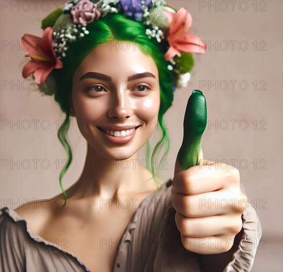 A young woman with flowers in her hair shows off her green thumb, symbolic image nursery, floristry KI generated, AI generated