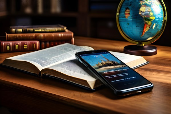 Mobile phone resting on a wooden desk screen with antique book and globus, AI generated