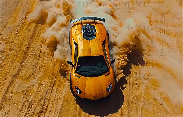 Action shot of a yellow Lamborghini racing through the desert, kicking up dust, action sports photography, AI generated