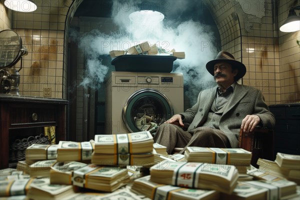 A man in an elegant suit sits relaxed on a chair, surrounded by an overloaded and smoking washing machine, bundles of banknotes lying in front of it, symbolising money laundering, illegally obtained money, AI generated, AI generated, AI generated