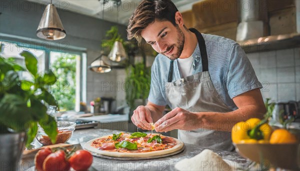 Artisan pizza chef preparing a pizza, ingredients, kitchen, AI generated, AI generated