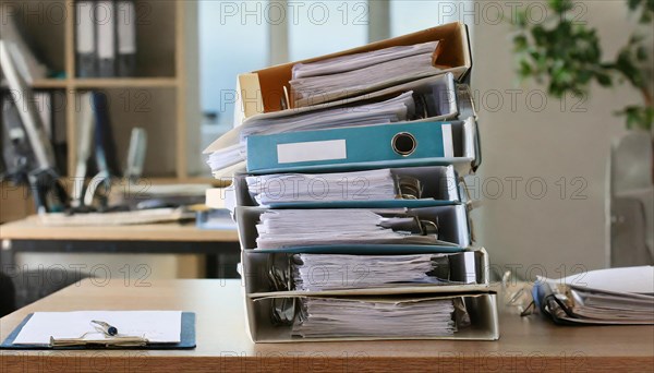Organised piles of paper and folders on a desk in an office, symbolism bureaucracy, AI generated, AI generated