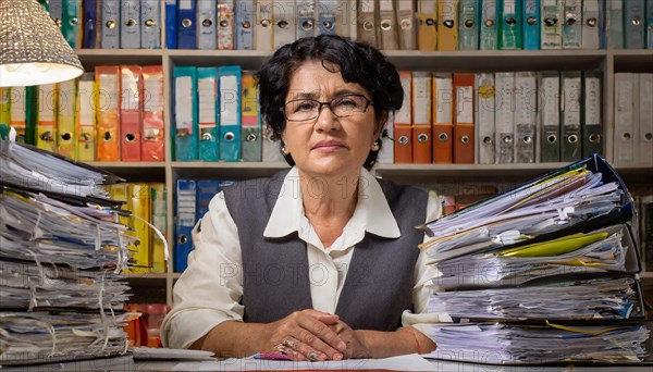 A woman sits behind a desk full of folders and piles of paper in the office, symbolising bureaucracy, AI generated, AI generated