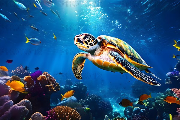 Sea turtle swimming in vibrant reef, AI generated, deep sea, fish, squid, bioluminescent, glowing, light, water, ocean