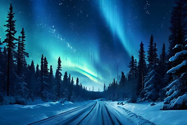 Aurora borealis illuminating the night sky wistfully guiding along a road, AI generated