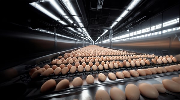 Egg production in a factory, eggs on a conveyor belt, AI generated