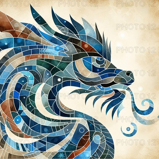 Intricate mosaic of an abstract dragon with geometric shapes in blue and green, square aspect, AI generated