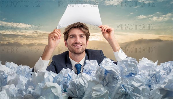 A satisfied man in a suit sits surrounded by papers in front of a cloudy sky, symbolising bureaucracy, AI generated, AI generated