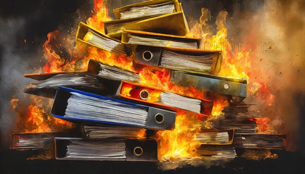 Illustration of a fierce fire consuming folders and generating ash, symbol bureaucracy, AI generated, AI generated