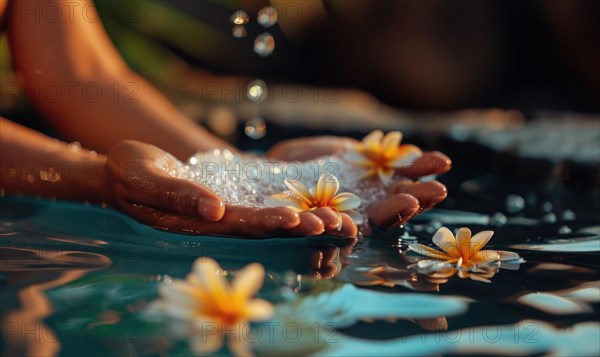 Hands resting in water among floating plumeria flowers, creating a serene dusk spa-like atmosphere AI generated