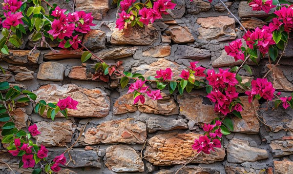 Vibrant pink bougainvillea flowers climbing over a textured stone wall AI generated