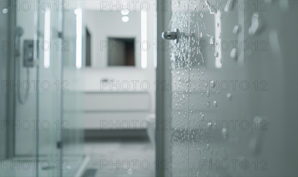 Water droplets cling to a glass shower door with a blurred bathroom backdrop AI generated