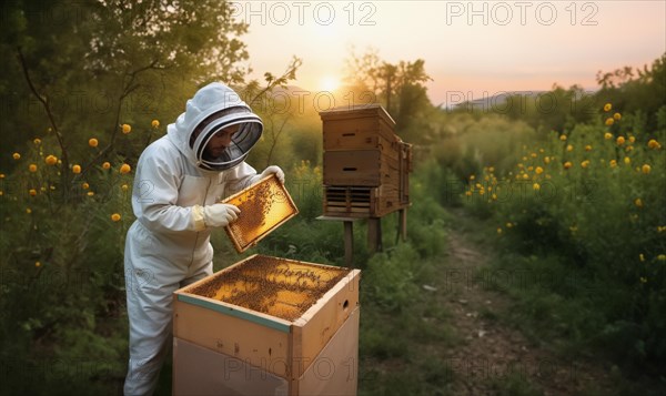 Beekeeper with honeycombs in hands in nature bee apiary, AI generated