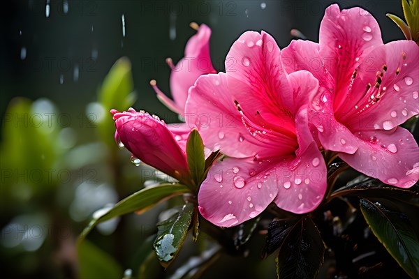 Pink azalea flowers with raindrops vibrant green springtime, AI generated