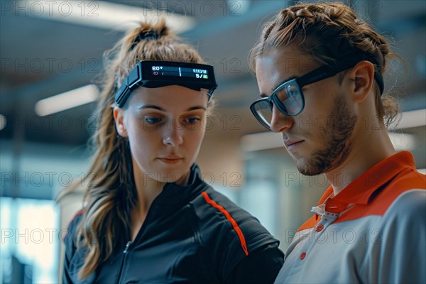 Two tech professionals, a man and a woman, focusing intently on data with headgear equipped, AI generated