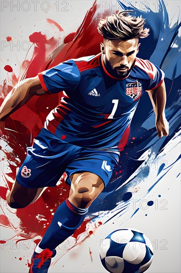 Abstract digital render of a male soccer athlete morphing into fluid shapes, AI generated