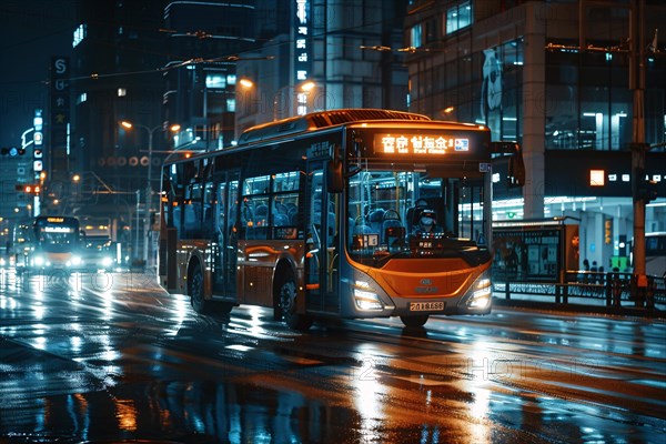 Illuminated city bus driving on a wet urban street at night, reflecting public transport in motion, AI generated