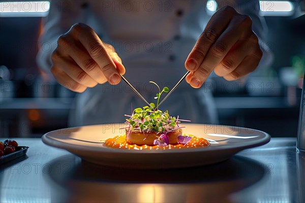 Chef garnishing a gourmet dish with delicate precision under warm light, AI generated