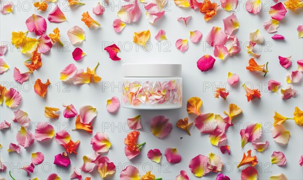 Creme jar blank mockup adorned with flower petals in various hues AI generated
