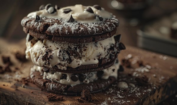 Ice cream sandwich with cookie crunch, closeup AI generated