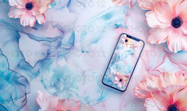 Smartphone mockup on watercolor floral patter AI generated