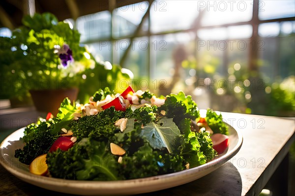 Hearty kale and almond salad glistens under the morning sun inside a sun drenched greenhouse, AI generated